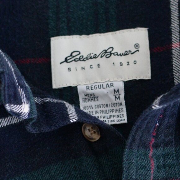 Vintage Eddie Bauer Green Navy Tartan Pattern Bainbridge Flannel Button Up Shirt - Picture 4 of 11